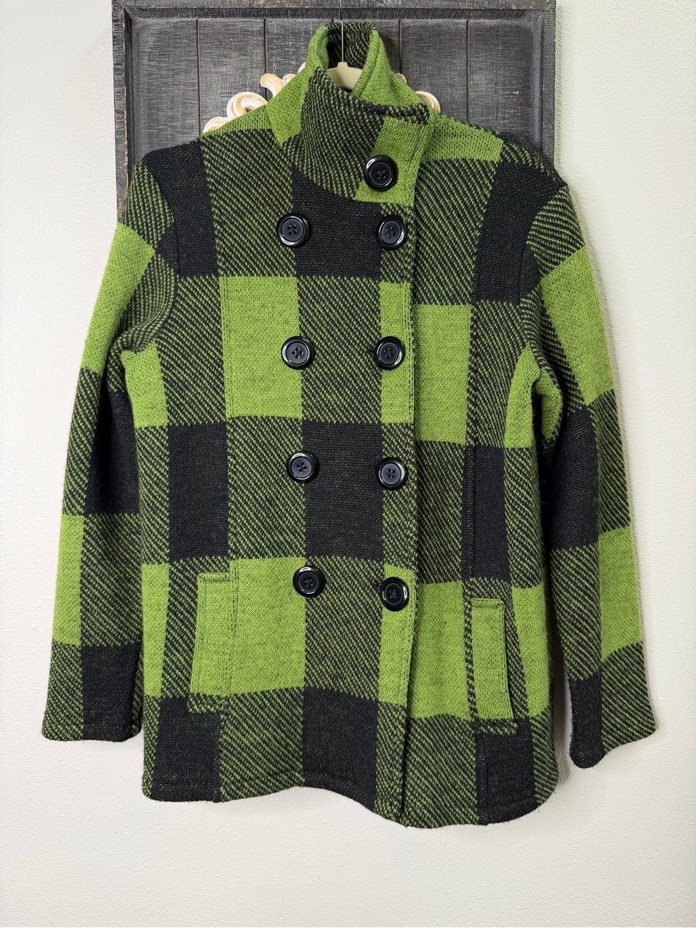 Vintage Keren Hart 100% Wool Green Buffalo Plaid l Double-Breasted Peacoat - S - Picture 2 of 8